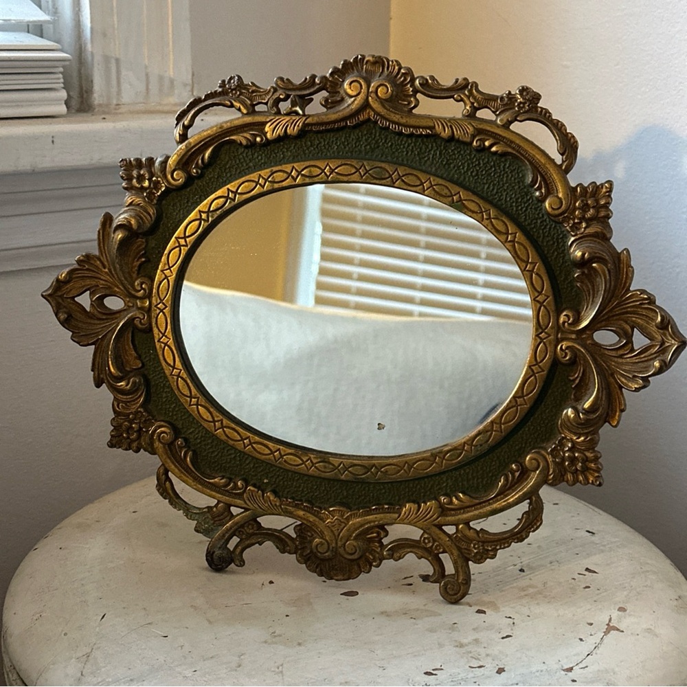 Antique MIRROR Baroque French vanity free standing solid Brass with green detail - Picture 1 of 16